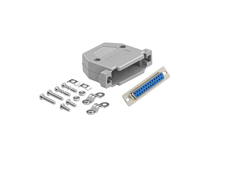 CompuCablePlusUSA DB25 Female D-Sub solder type connector DIY Kit with plastic hood, screws, and brass gold flash plated contacts. Lightweight, RoHS compliant.