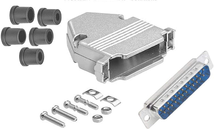 D-Sub Metal Hood with Solder Connector Kit with screws on a white background