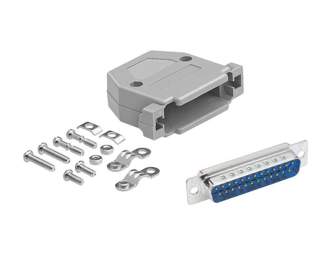 CompuCablePlusUSA DB25 Male D-Sub solder type connector DIY Kit with plastic hood, screws, and brass gold flash plated contacts. Lightweight, RoHS compliant.