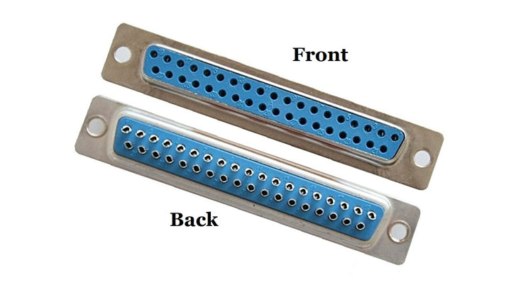Two views of a connector with blue and silver ports on a white background