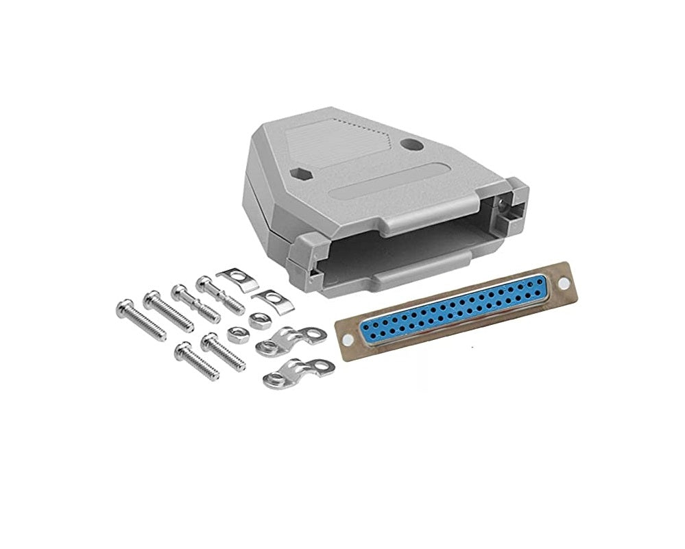 CompuCablePlusUSA DB37 Female D-Sub solder type connector DIY Kit with plastic hood, screws, and brass gold flash plated contacts. Lightweight, RoHS compliant.