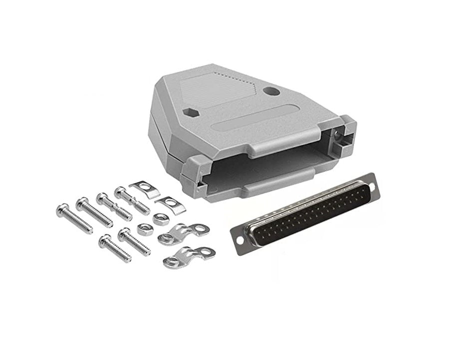 CompuCablePlusUSA DB37 Male D-Sub solder type connector DIY Kit with plastic hood, screws, and brass gold flash plated contacts. Lightweight, RoHS compliant.