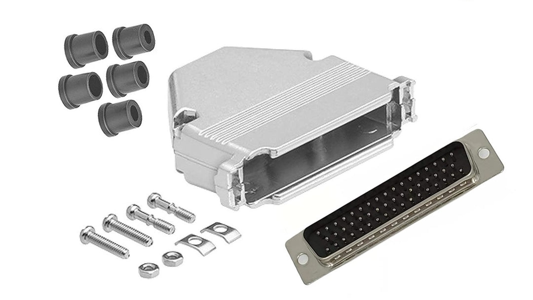 D-Sub DIY Kit with a metal hood, solder connector, screws, and strain relief grommet on   a white background