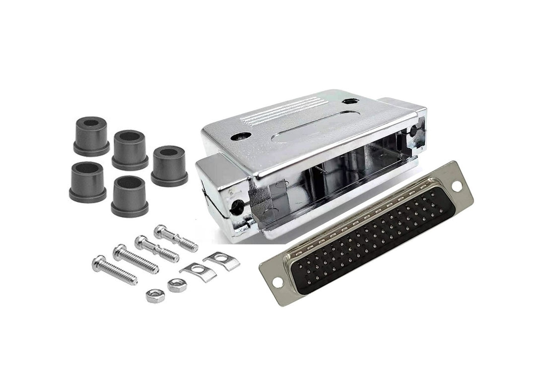 CompuCablePlusUSA DB50 Male D-Sub solder type connector DIY Kit with plastic hood, screws, brass gold flash plated contacts, and Strain Relief Grommet. Lightweight, RoHS compliant.