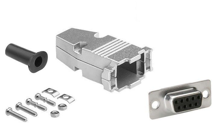 CompuCablePlusUSA.com Solder Type Shielded Metal Hood with 9 Pin Female Connector with screws on a white background.