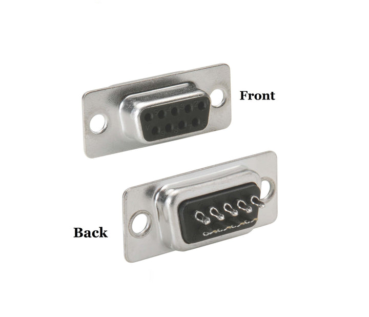 Metal connector with front and back views on a white background
