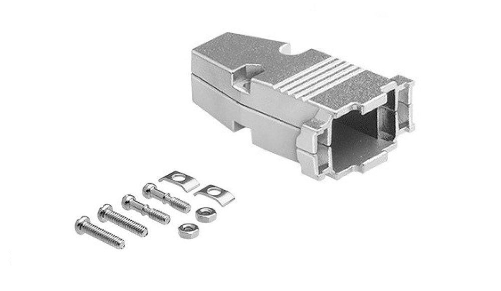 Metallic connector with screws on a white background