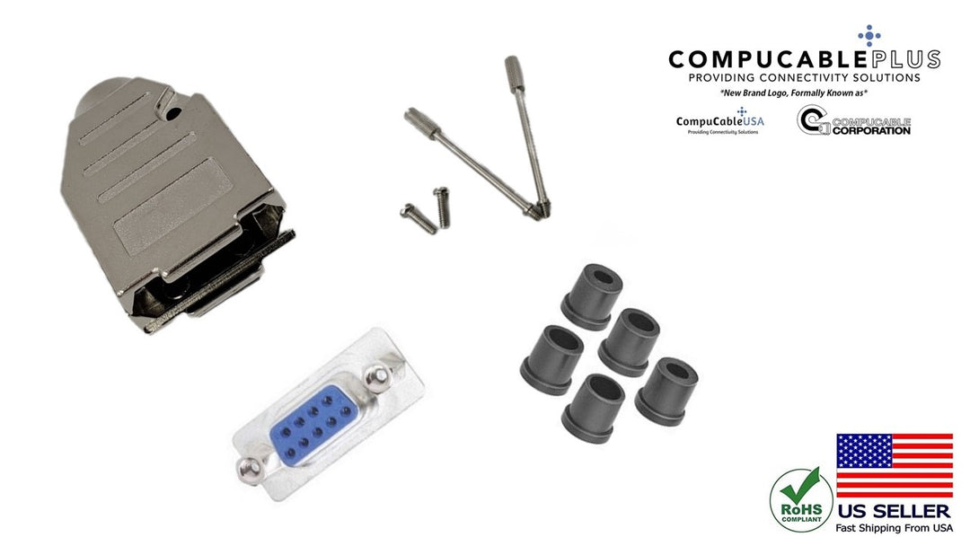 Female DB9 Solder Type DIY Kit. Complete Bundle DIY Kit Includes D-Sub Connector, Deluxe No-Ear, Full Profile Metal Housing, Strain Relief Grommet, and Screws.