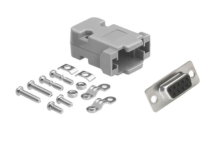 CompuCablePlusUSA DB9 Female D-Sub solder type connector DIY Kit with plastic hood, screws, and brass gold flash plated contacts. Lightweight, RoHS compliant.