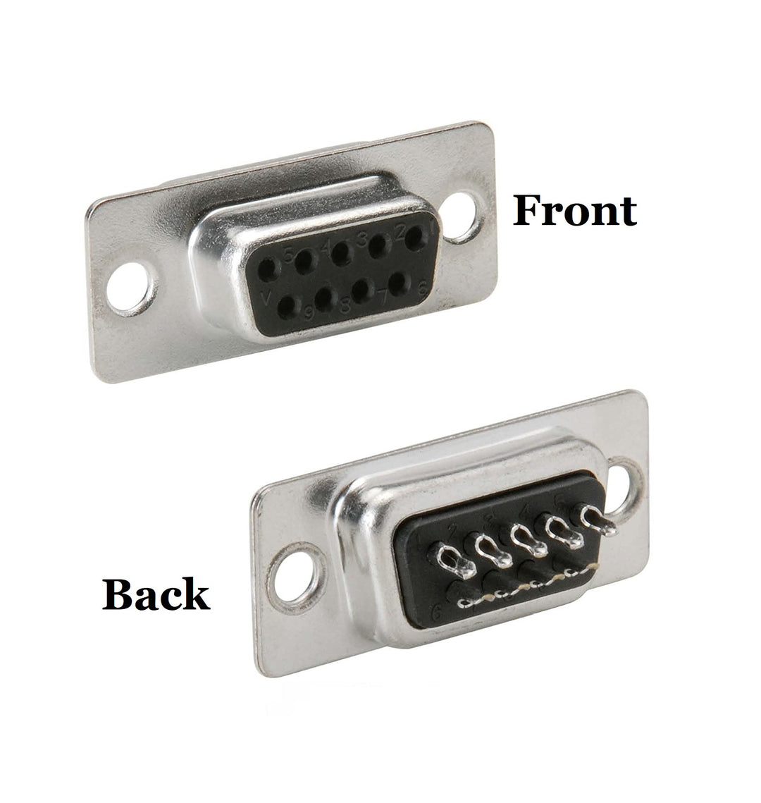 CompuCablePlusUSA DB9 Female D-Sub solder type connector Front and Back Views. 