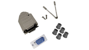 Male DB9 Solder Type DIY Kit. Complete Bundle DIY Kit Includes D-Sub Connector, Deluxe No-Ear, Full Profile Metal Housing, Strain Relief Grommet, and Screws.