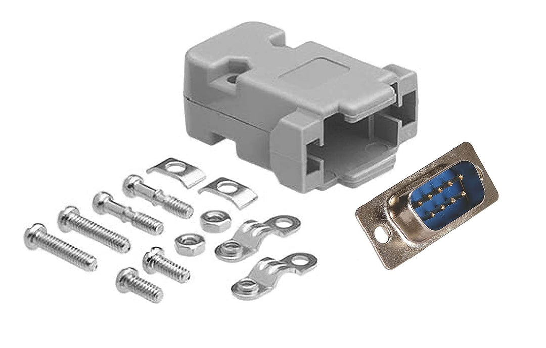 CompuCablePlusUSA DB9 Male D-Sub solder type connector DIY Kit with plastic hood, screws, and brass gold flash plated contacts. Lightweight, RoHS compliant.