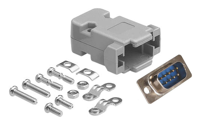 CompuCablePlusUSA DB9 Male D-Sub solder type connector DIY Kit with plastic hood, screws, and brass gold flash plated contacts. Lightweight, RoHS compliant.