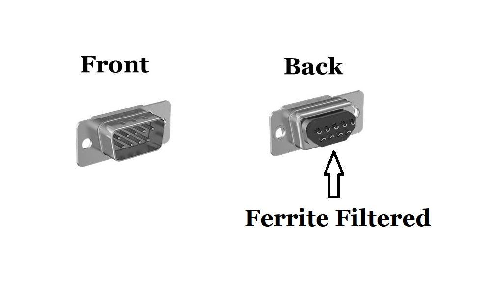 CompuCablePlusUSA.com D-Sub DB9 Solder Male Ferrite/Filtered Connector Front and Back images.
