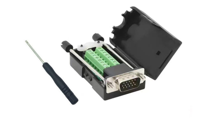 CompuCablePlusUSA.com D-Sub High Density 15 Pin Male VGA 3Row Solderless Breakout Terminal Block Connector with Case and Thumb Screws DIY Kit with Screwdriver.