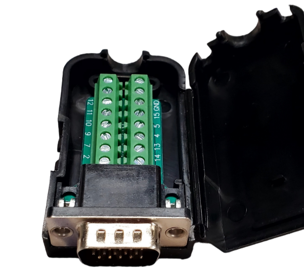 CompuCablePlusUSA.com D-Sub High Density 15 Pin Male VGA 3Row Solderless Breakout Terminal Block Connector Front View.