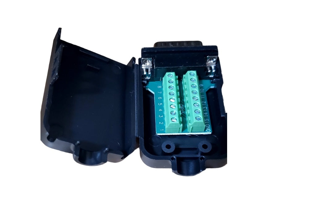 DTB-15HMP-KIT Black electronic module with green connectors on a white background