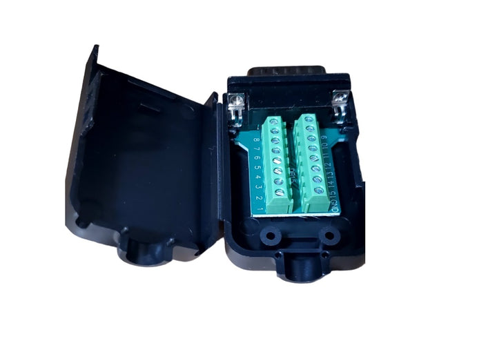 DTB-15HMP-KIT Black electronic module with green connectors on a white background