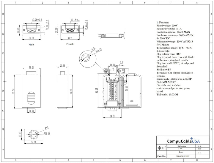 High Density DB15 VGA Female 3 Row D-Sub Solderless Breakout Terminal Block Connector DIY Kit ( High Density DB15 Female 1 PC ) Data Sheet.