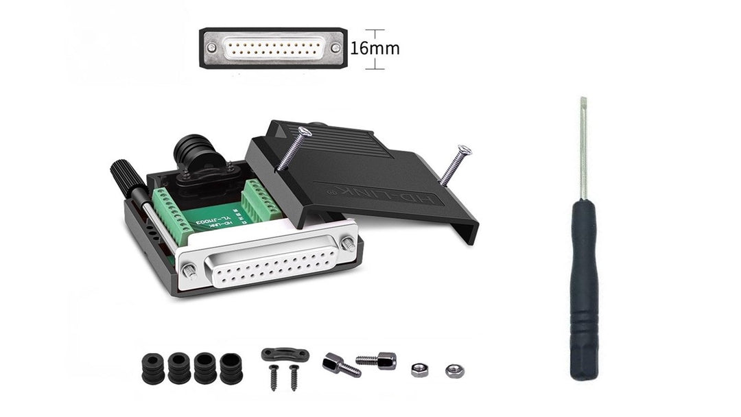 DTB-25FP-KIT Technical component with connectors, screws, and a screwdriver on a white background