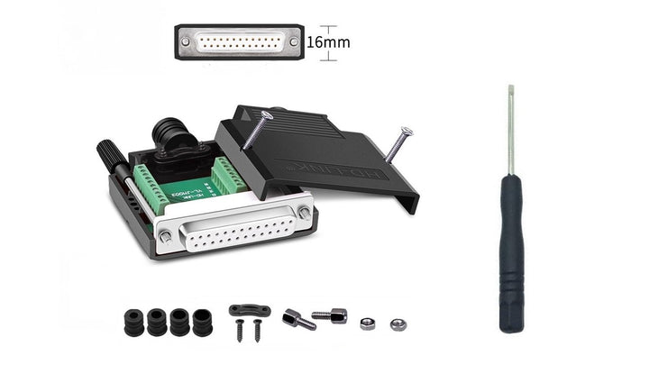 DTB-25FP-KIT Technical component with connectors, screws, and a screwdriver on a white background