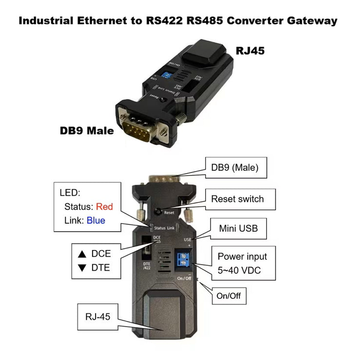 CompuCablePlusUSA RJ45 to RS-422/RS-485 Industrial Ethernet Converter Adapter Modbus RTU TCP UDP HTTP HTTPS S2E485V2 RS422 RS485 Serial Device Gateway, DB9 Male Connection, Mini USB, 5-40 VDC Power Input, DCE DTE Hardware Toggle Switch.