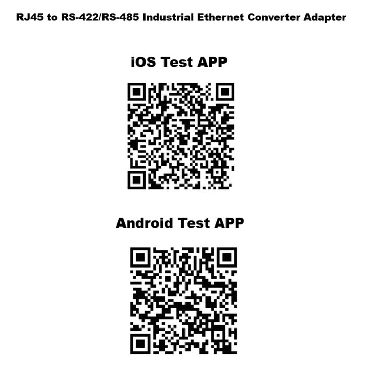 CompuCablePlusUSA RJ45 to RS-422/RS-485 Industrial Ethernet Converter Adapter Modbus RTU TCP UDP HTTP HTTPS S2E485V2 RS422 RS485 Serial Device Gateway, DB9 Male Connection, Mini USB, 5-40 VDC Power Input, DCE DTE Hardware Toggle Switch,  iOS Test APP QR Code and Android Test APP QR Code. 