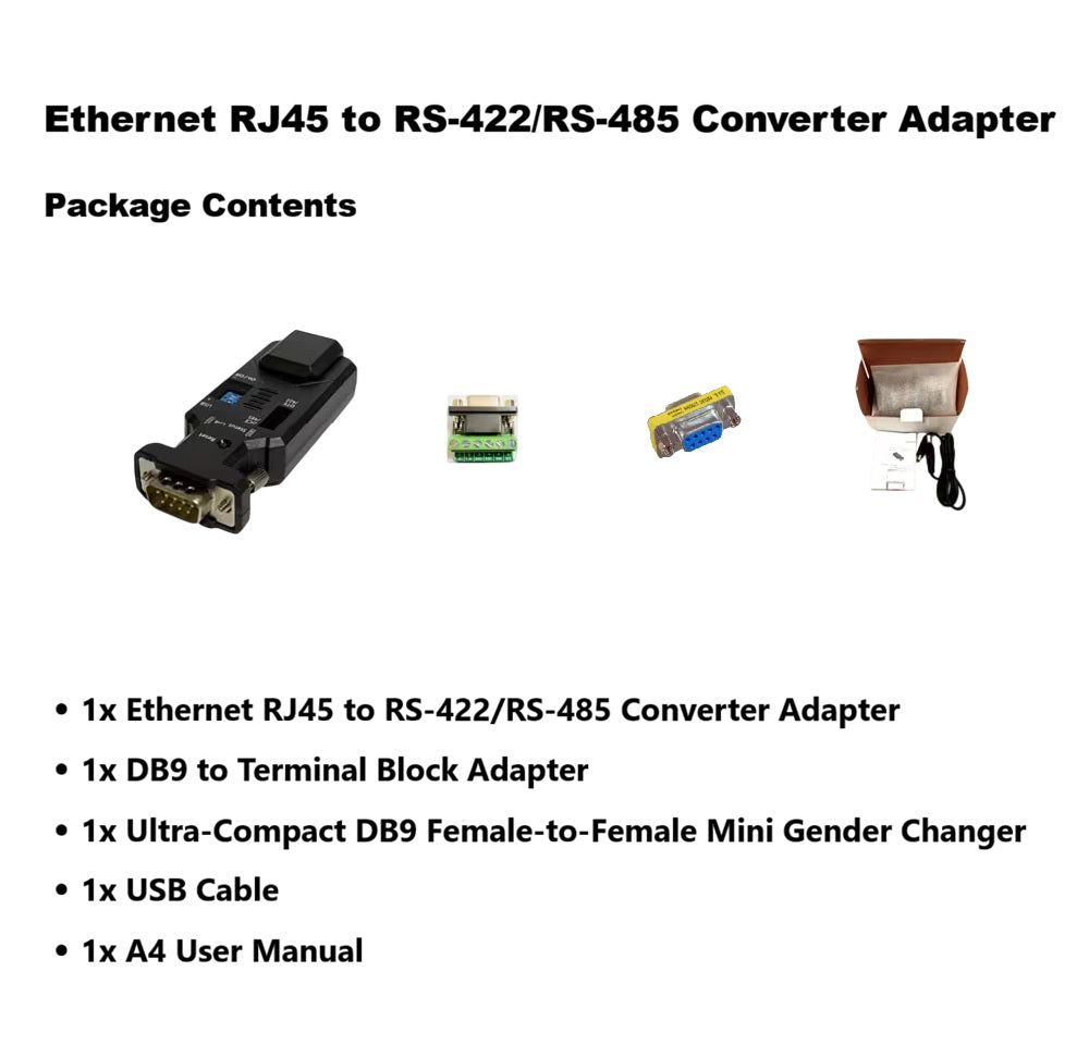 Product package contents graphic for an Ethernet RJ45 to RS-422/RS-485 converter adapter, showing the black adapter, small DB9 and DB9F connectors, a brown mini gender changer, a USB cable, and a user manual on a white background with text listing included items.