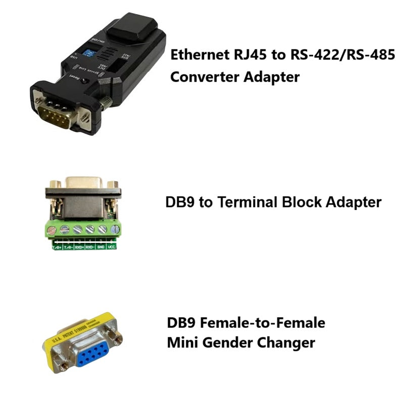 Three electronic adapter products shown on a white background with text labels: an Ethernet RJ45 to RS-422/RS-485 converter adapter, a DB9 to terminal block adapter, and a DB9 female-to-female mini gender changer.