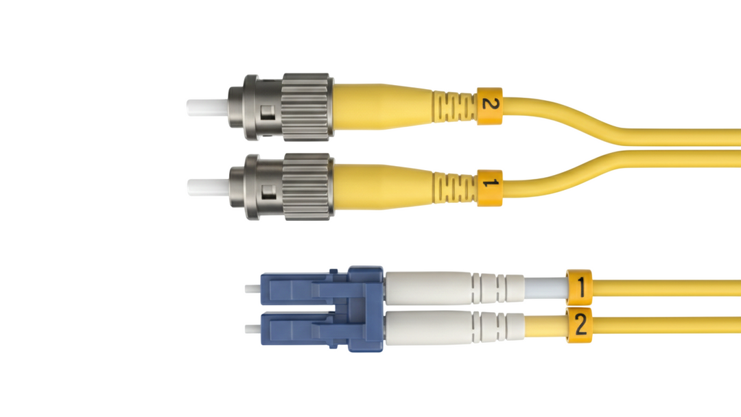 CompuCablePlusUSA LC to ST OS2 Single-Mode Fiber Patch Cable – Duplex UPC 9/125μm Corning Glass, OFNR Riser, Yellow, Standard Boot