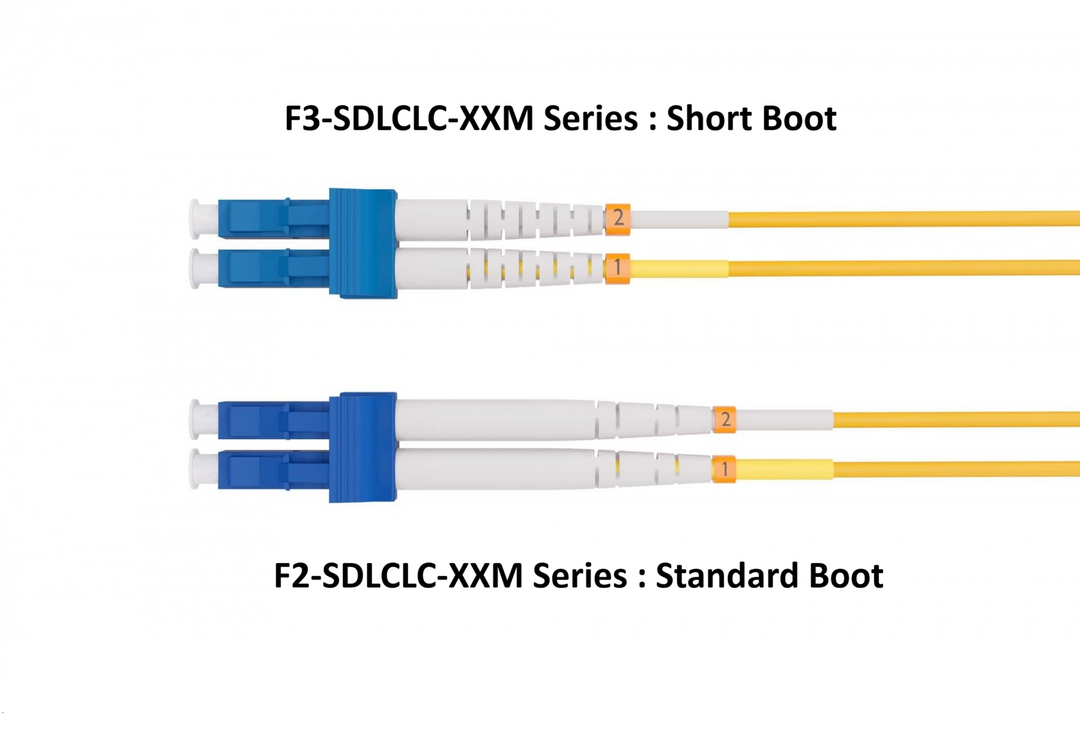 CompuCablePlusUSA.com Short Boot LC/LC Single Mode Fiber Patch Cable Duplex 9/125 OS2 LSZH. It shows the difference of the Short Boot and Standard Boot with differnt part numbers.