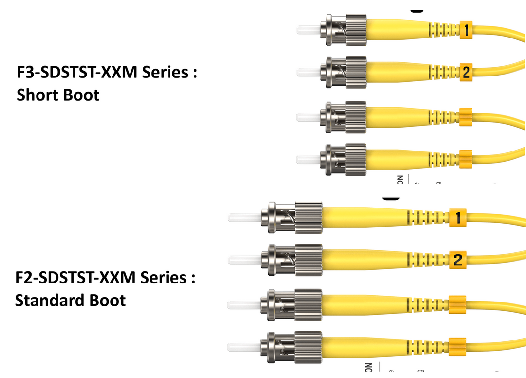 CompuCablePlusUSA.com Short Boot ST to ST Single Mode Fiber Optic Cable OS2 Duplex Corning Glass. It shows the difference between short boot and standard boot with different part numbers.