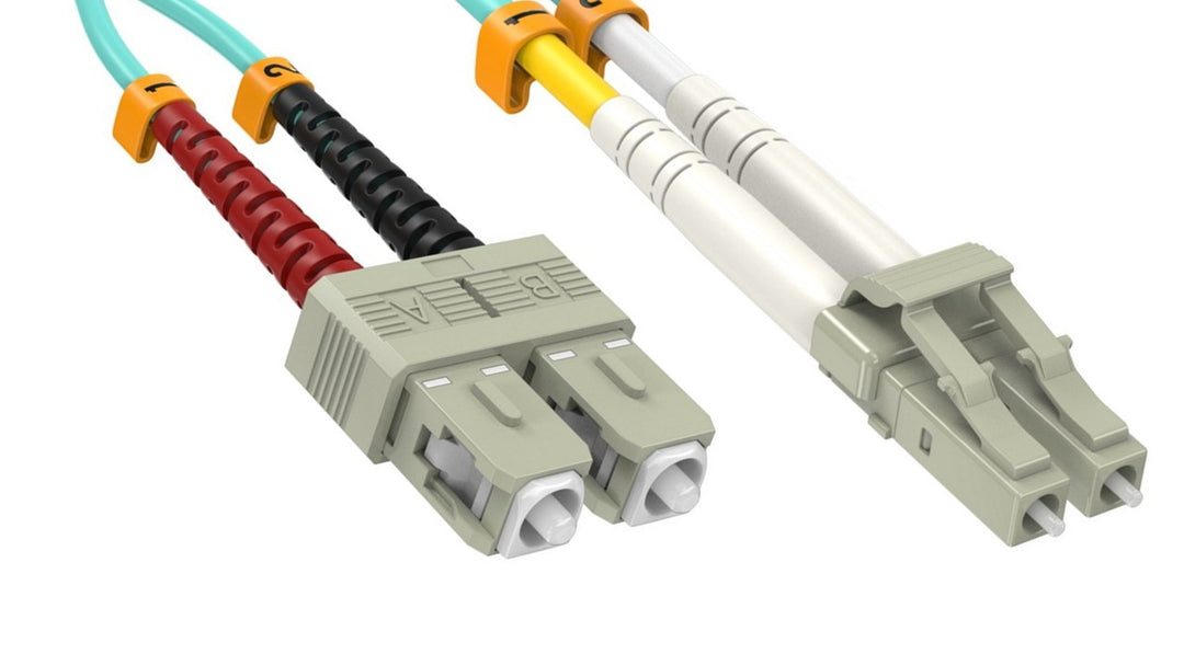 CompuCablePlusUSA LC to SC OM3 Multi-Mode Fiber Patch Cable Duplex UPC 50/125 Corning Glass, OFNR Riser, Aqua