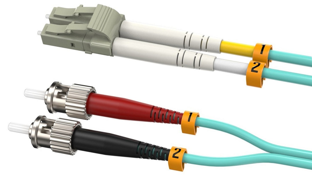 CompuCablePlusUSA LC to ST OM3 Multi-Mode Fiber Patch Cable Duplex UPC 50/125 Corning Glass, OFNR Riser, Aqua
