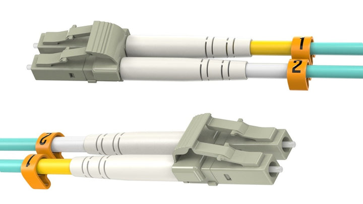 CompuCablePlusUSA LC to LC OM4 Multimode Fiber Patch Cable Duplex UPC 50/125 Corning Glass, OFNR Riser, Aqua