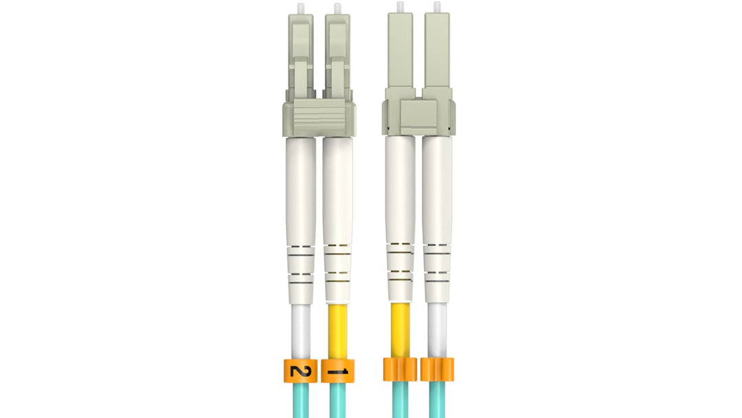 CompuCablePlusUSA LC to LC OM4 Multimode Fiber Patch Cable Duplex UPC 50/125 Corning Glass, OFNR Riser, Aqua, front and back view.
