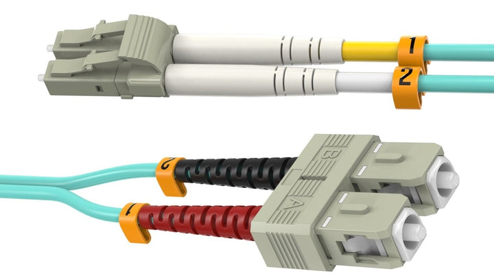 CompuCablePlusUSA LC to SC OM4 Multimode Fiber Patch Cable Duplex UPC 50/125 Corning Glass, OFNR Riser, Aqua