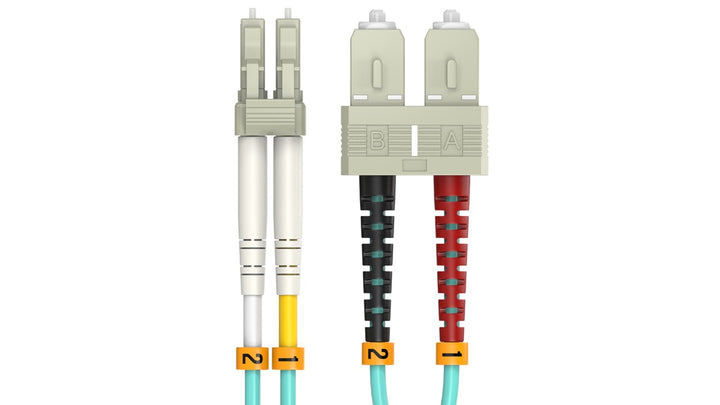 CompuCablePlusUSA LC to SC OM4 Multimode Fiber Patch Cable Duplex UPC 50/125 Corning Glass, OFNR Riser, Aqua.