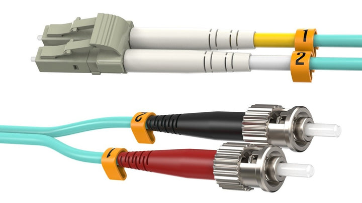 CompuCablePlusUSA LC to ST OM4 Multimode Fiber Patch Cable Duplex UPC 50/125 Corning Glass, OFNR Riser, Aqua.