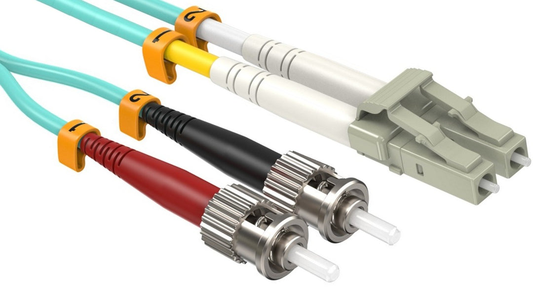 CompuCablePlusUSA LC to ST OM4 Multimode Fiber Patch Cable Duplex UPC 50/125 Corning Glass, OFNR Riser, Aqua