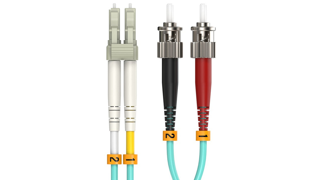 CompuCablePlusUSA LC to ST OM4 Multimode Fiber Patch Cable Duplex UPC 50/125 Corning Glass, OFNR Riser, Aqua.