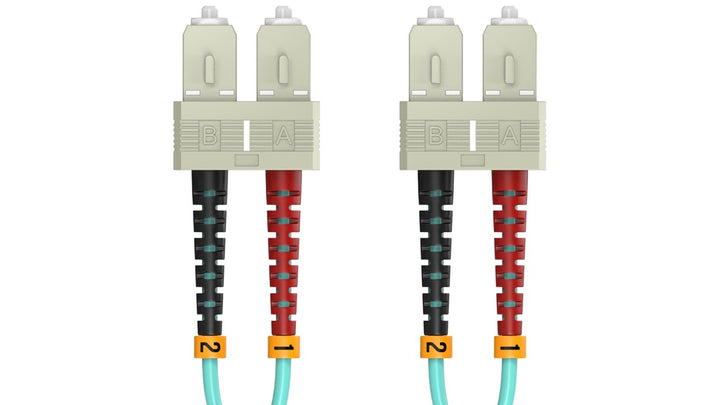 CompuCablePlusUSA SC to SC OM4 Multimode Fiber Patch Cable Duplex UPC 50/125 Corning Glass, OFNR Riser, Aqua.