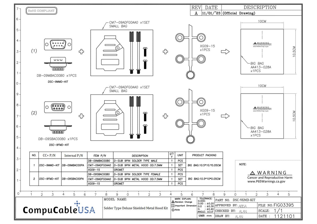 Female DB9 Solder Type DIY Kit. Complete Bundle DIY Kit Includes D-Sub Connector, Deluxe No-Ear, Full Profile Metal Housing, Strain Relief Grommet, and Screws.