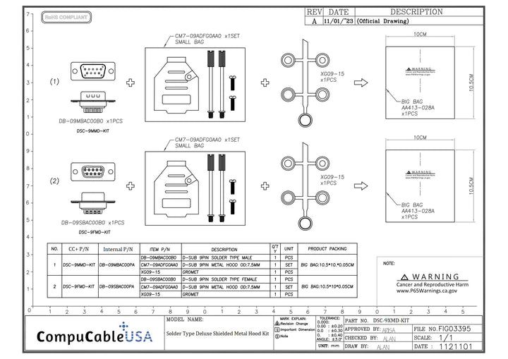 Female DB9 Solder Type DIY Kit. Complete Bundle DIY Kit Includes D-Sub Connector, Deluxe No-Ear, Full Profile Metal Housing, Strain Relief Grommet, and Screws.