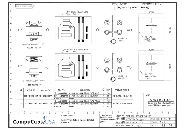 Male DB15 HD Solder Type DIY Kit. Complete Bundle DIY Kit Includes D-Sub Connector, Deluxe No-Ear, Full Profile Metal Housing, Strain Relief Grommet, and Screws Datasheet.