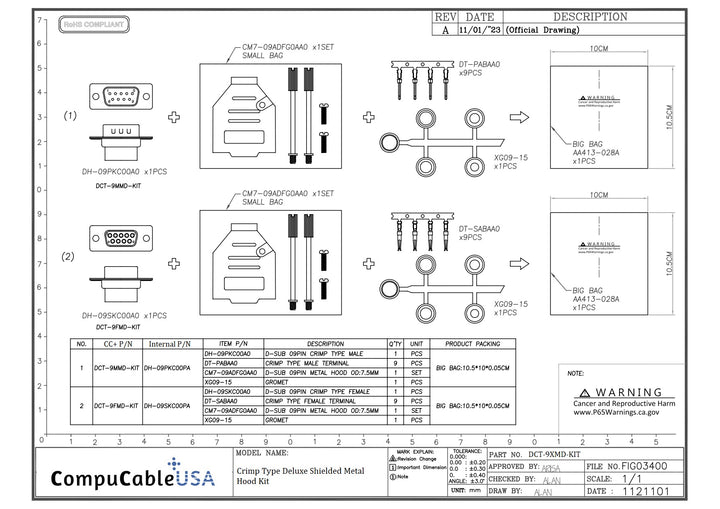 Male DB9 Crimp Type DIY Kit. Complete Bundle DIY Kit Includes D-Sub Crimp Connector, Crimp Pins, Deluxe No-Ear, Full Profile Metal Housing, Strain Relief Grommet, and Screws Datasheet.