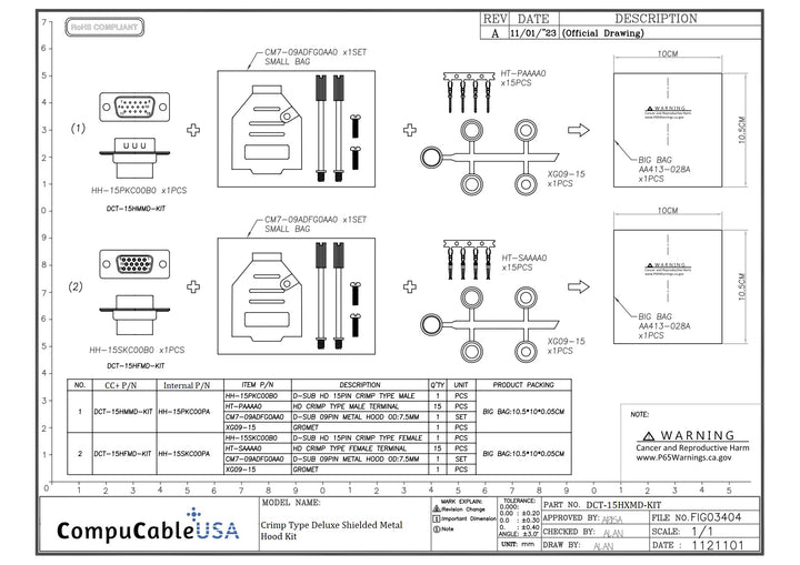 Male DB15 HD Crimp Type DIY Kit. Complete Bundle DIY Kit Includes D-Sub Crimp Connector, Crimp Pins, Deluxe No-Ear, Full Profile Metal Housing, Strain Relief Grommet, and Screws Datasheet.