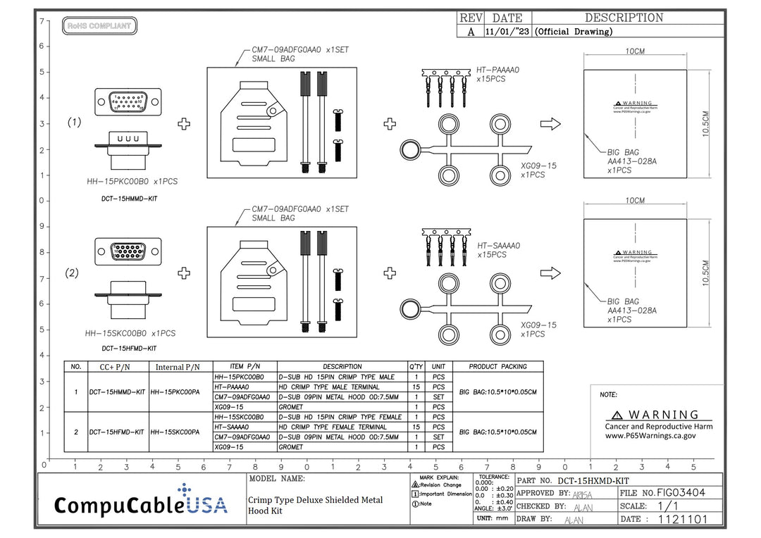 Female DB15 HD Crimp Type DIY Kit. Complete Bundle DIY Kit Includes D-Sub Crimp Connector, Crimp Pins, Deluxe No-Ear, Full Profile Metal Housing, Strain Relief Grommet, and Screws Datasheet.