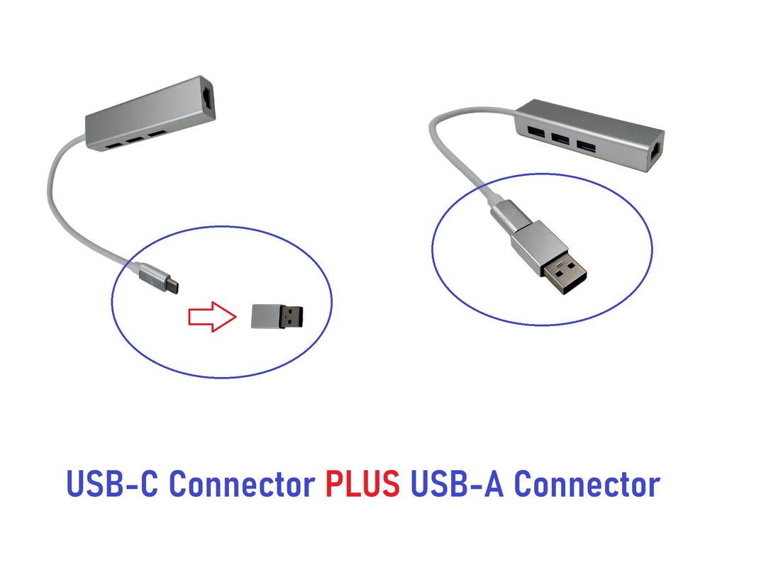 CompuCablePlusUSA.com USB-C Hub. USB-C ( PLUS USB-A Adap) to 3 x USB-A and 1 x RJ45 Ethernet LAN Network Adapter. 