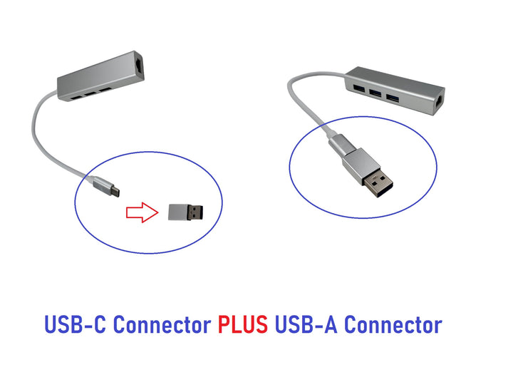 CompuCablePlusUSA.com USB-C Hub. USB-C ( PLUS USB-A Adap) to 3 x USB-A and 1 x RJ45 Ethernet LAN Network Adapter. 